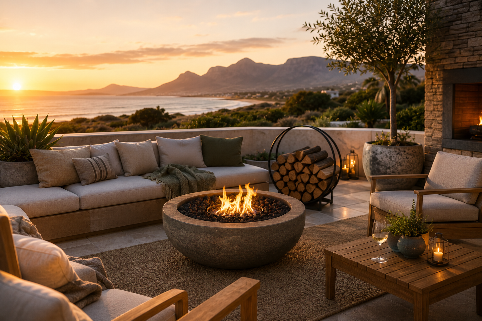 Fire pit on a Cape terrace at dusk